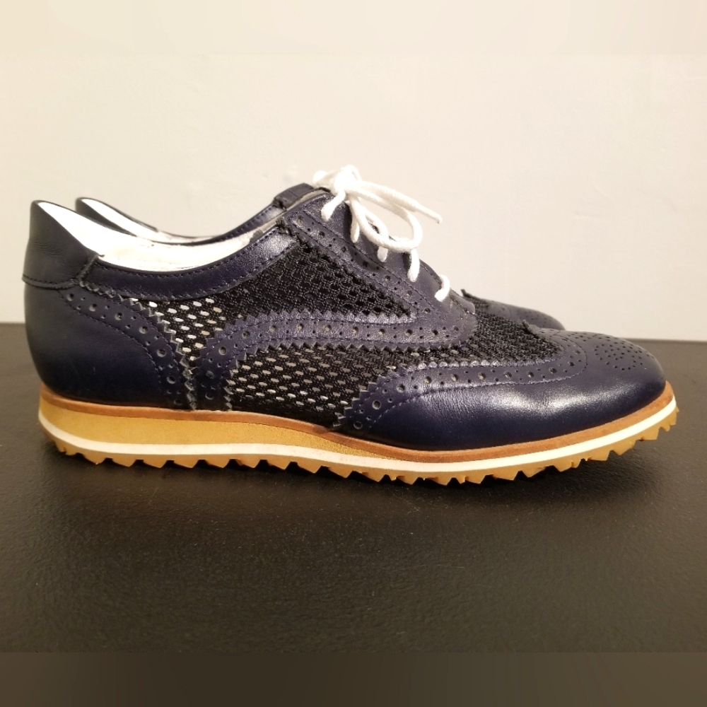 WALTER GENUIN BROGUE GOLF SHOES LEATHER NAVY BLUE MESH SPIKELESS ATHLETIC SPIRTY